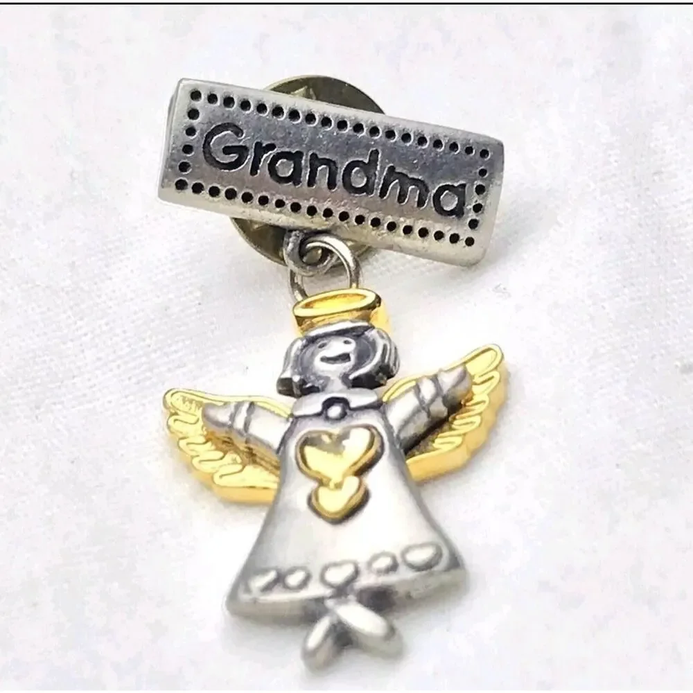 Grandma Angel Pin Brooch Pewter Gold Tone Heart Dangle Sentimental Family Gift